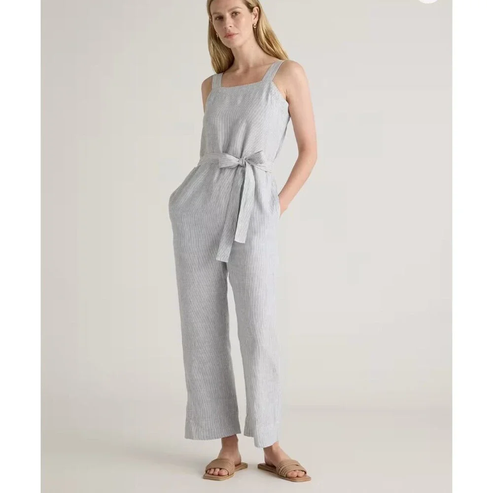 Quince 100% European Linen Square Neck Jumpsuit Womens M Blue Stripe NO BELT